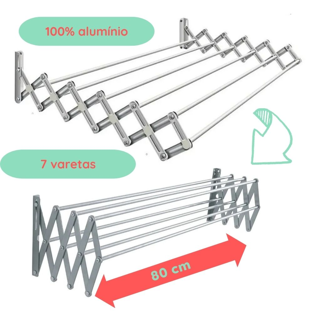 Varal para Roupa Sanfonado Alumínio 80cm Parede Retrátil para Apartamento - 4