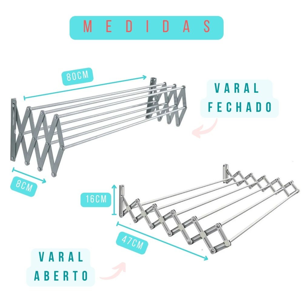 Varal para Roupa Sanfonado Alumínio 80cm Parede Retrátil para Apartamento - 7