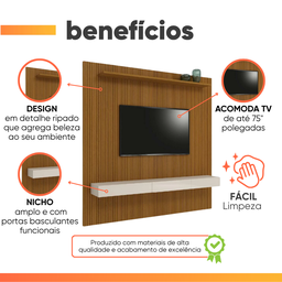 Painel para Tv até 75 Polegadas Ripado Impressão 3d Egeo com Nicho 2,25m Cedro Off White Edn - 4 Painel para Tv até 75 Polegadas Ripado Impressão 3d Egeo com Nicho 2,25m Cedro Off White Edn - 4