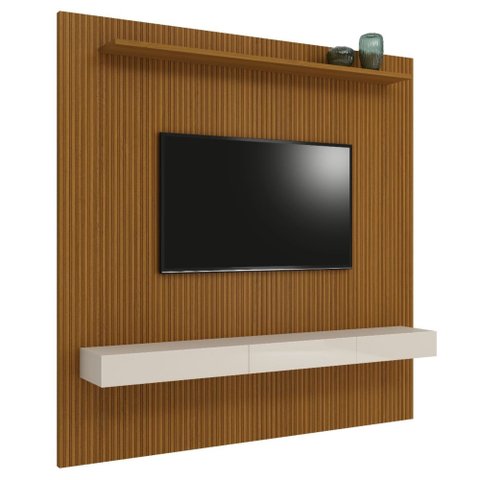 Painel para Tv até 75 Polegadas Ripado Impressão 3d Egeo com Nicho 2,25m Cedro Off White Edn
