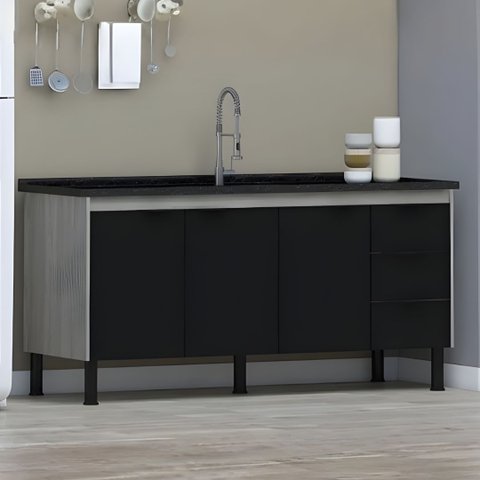 Gabinete Cozinha 3 Gavetas Armário 100% MDF Multiuso 174cm: Madeirado/Preto