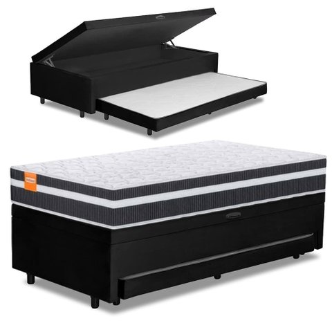 Cama Bibox Baú com Colchão Qatar Solteiro e Cama Auxiliar Conjugada 88x188x69cm Bela