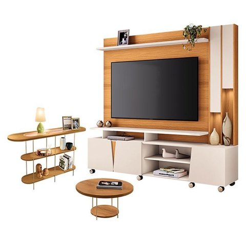 Estante Home Theater Virtus Cinamomo Off White com Mesa de Centro Sky e Aparador Infinity Cinamomo