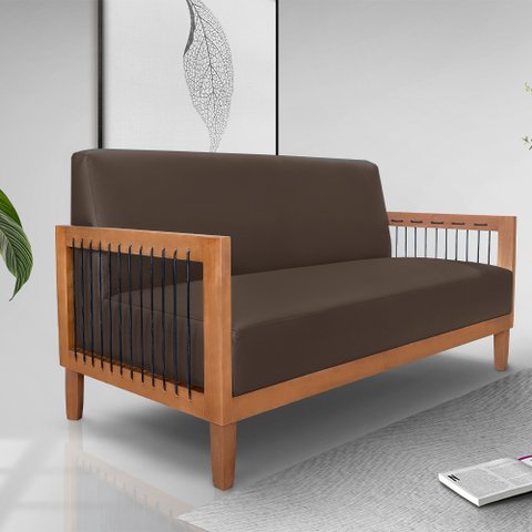 Poltrona Namoradeira Sala de Estar Pés Madeira Maciça Corda Náutica Preta 160cm Manila Pu Marrom G63