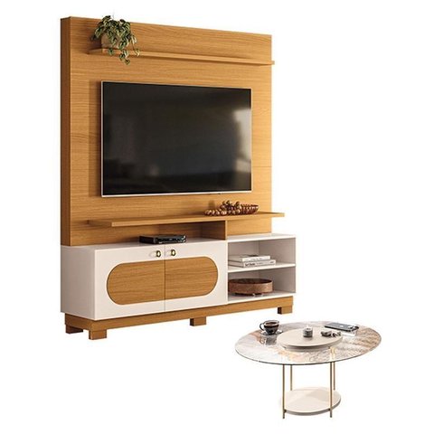 Estante Home Theater Axis Cinamomo Off White com Mesa de Centro Sky com Tampo de Vidro Off White -