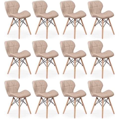 Kit 12 Cadeiras de Jantar Charles Eames Slim Wood Estofada - Nude