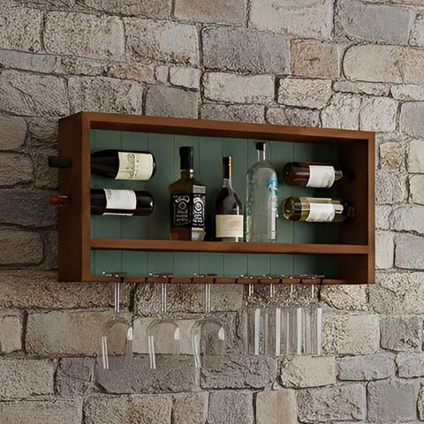 Adega Bar de Parede com Suporte para Taças - Imbuia Glazer com Fundo Verde Kalle Laca