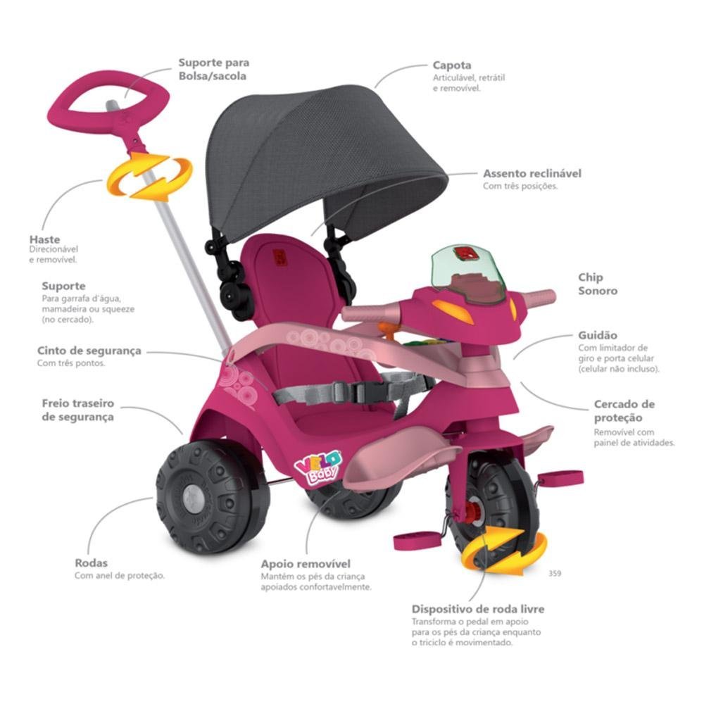 Triciclo Infantil - Passeio e Pedal - Velobaby Reclinável - Rosa - Bandeirante - 6