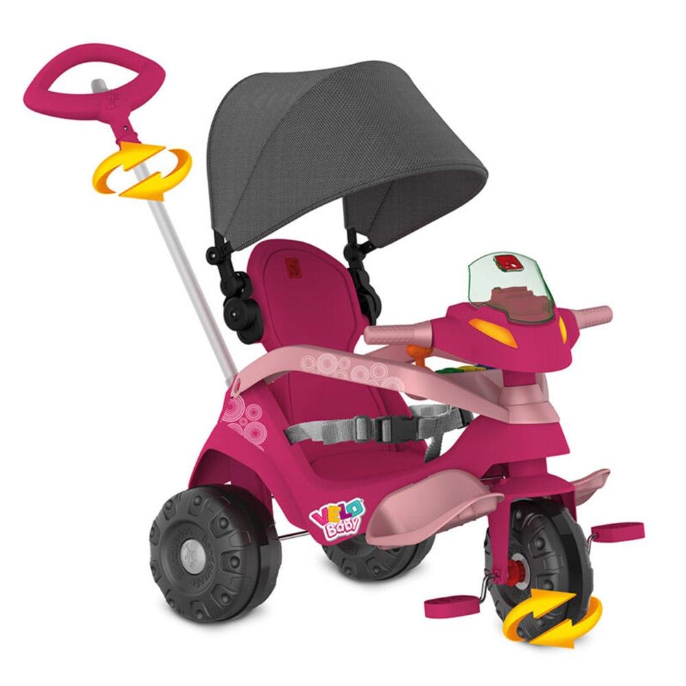 Triciclo Infantil - Passeio e Pedal - Velobaby Reclinável - Rosa - Bandeirante - 5