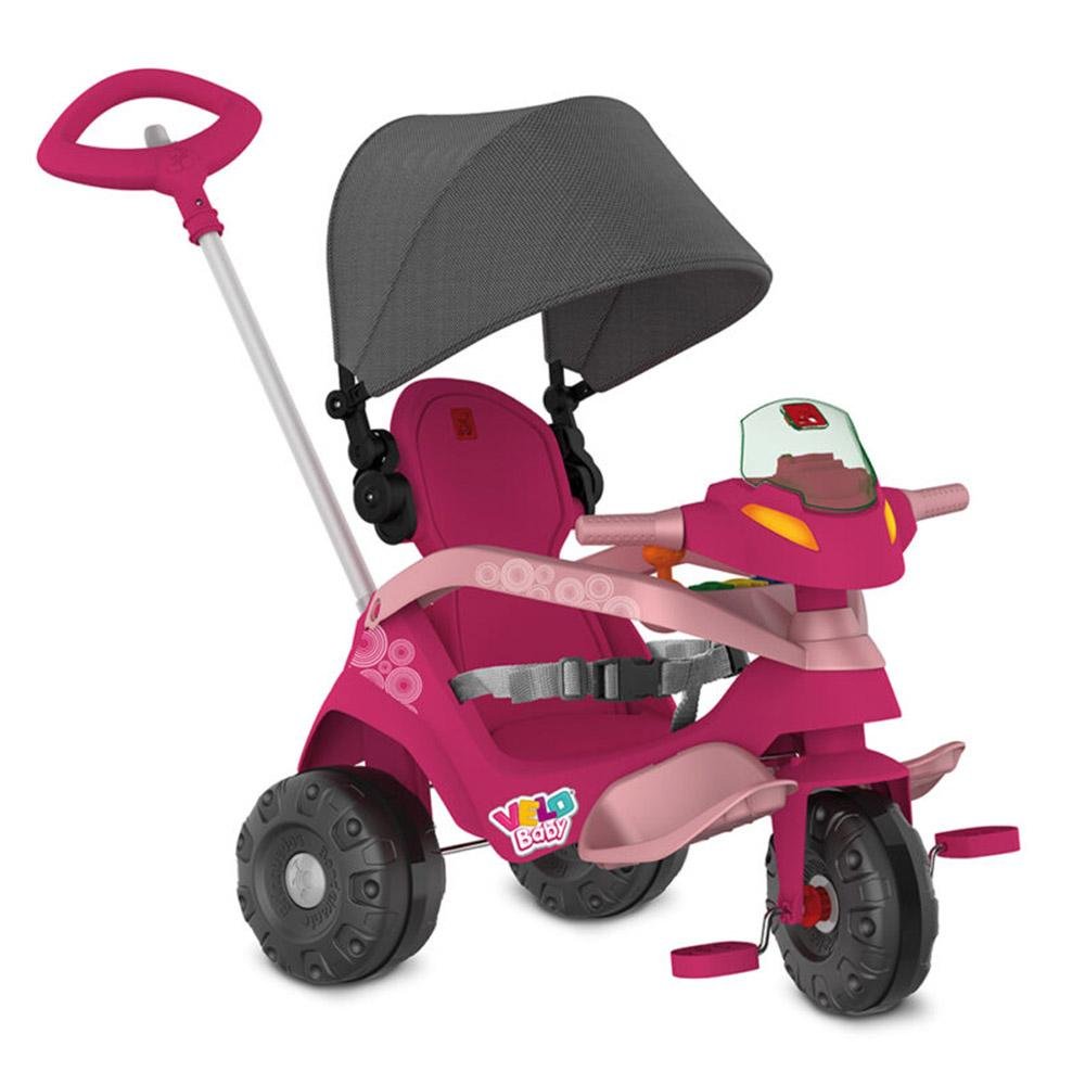 Triciclo Infantil - Passeio e Pedal - Velobaby Reclinável - Rosa - Bandeirante