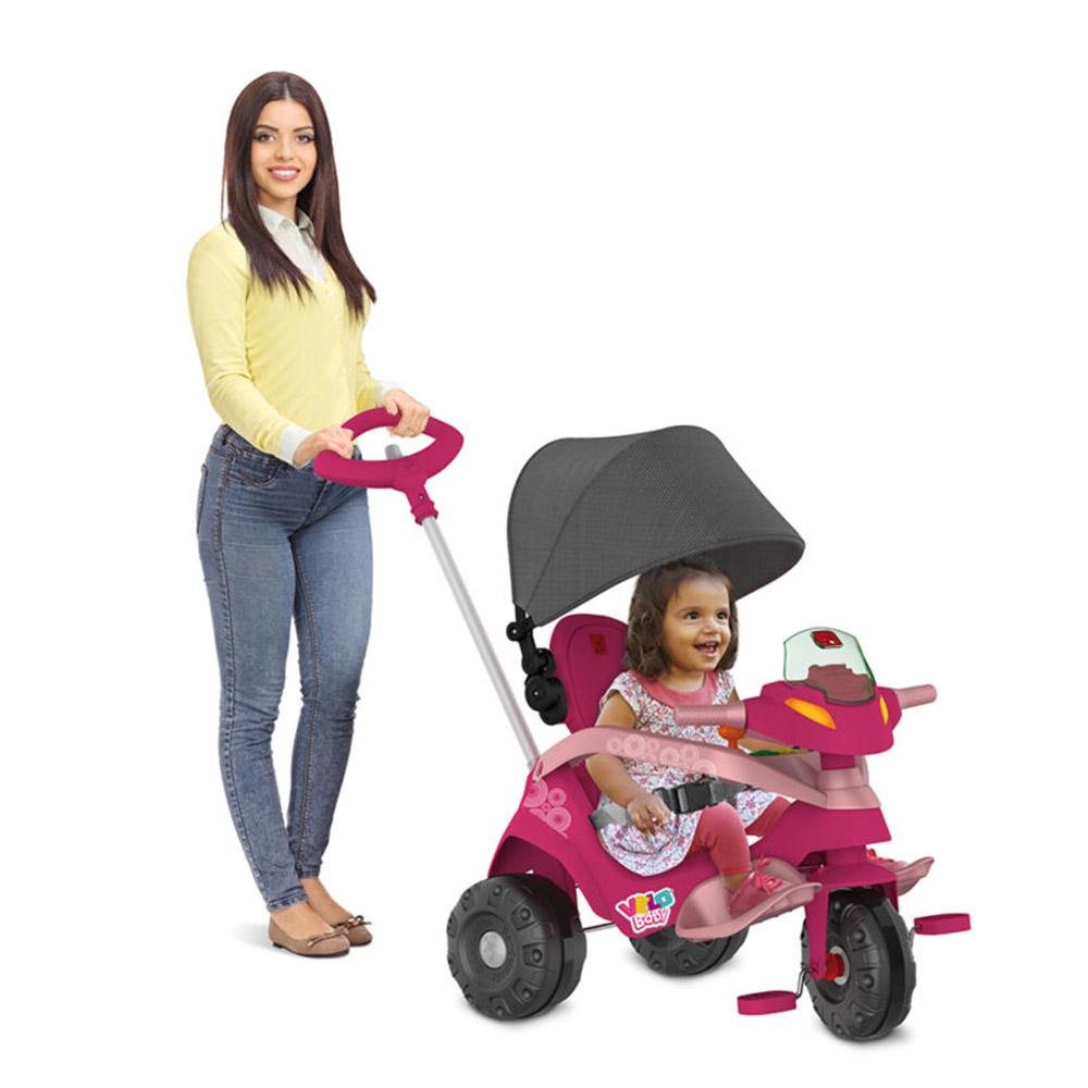 Triciclo Motinha Infantil C/ Capota Rosa Passeio E Pedal Bel