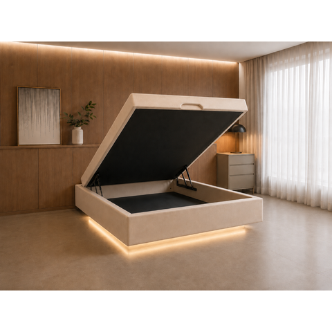 Cama Box Baú Casal Flutuante com LED, Encaixe para Colchão e Puxador Embutido:Bege