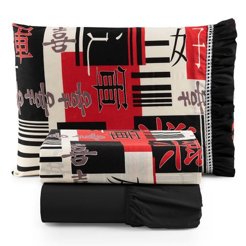 Jogo Cama Lençol Fiore Solteiro Estampado 180 Fios 100% Algodão com Babadinho 3 Peças Preto Oriental