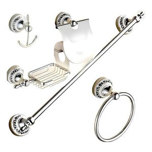 Kit Banheiro 5 Peças Prata Porcelana Acessórios Retrô Luxo Prateado