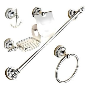 Kit Banheiro 5 Peças Prata Porcelana Acessórios Retrô Luxo Prateado