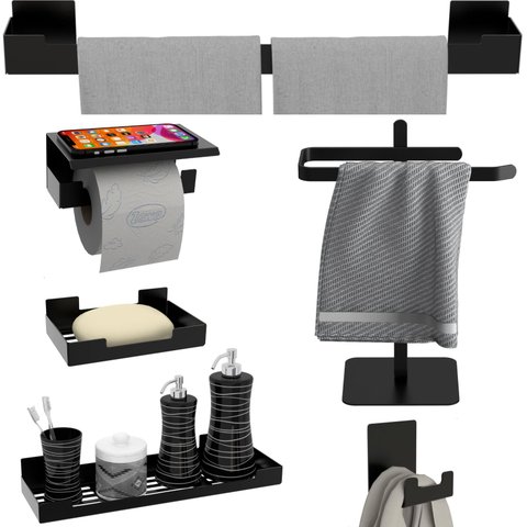 Kit de Acessórios para Banheiro Preto 6 Peças Adesivo F.oslo