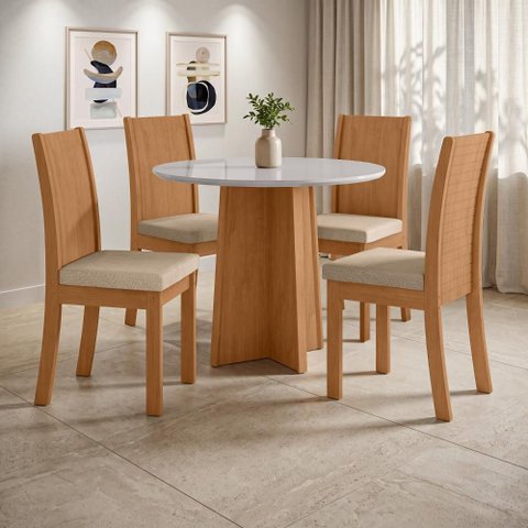 Conjunto Sala de Jantar Mesa Redonda Celebrare 100cm Tampo Vidro 4 Cad Athenas Linho Bege