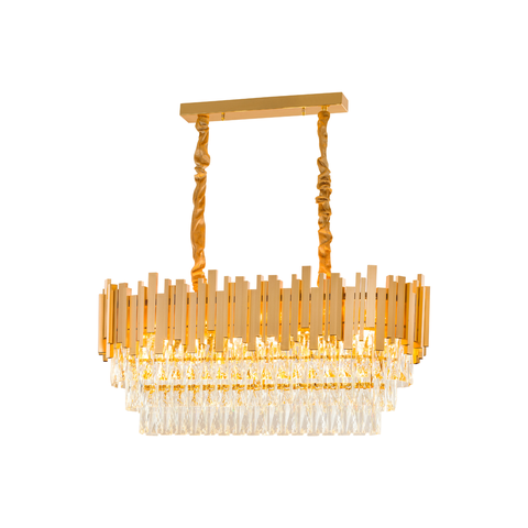 Luminária Pendente Lustre Retangular Luxuoso Dourado e Cristais Vana Sindora Inl107