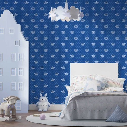 Papel de Parede Poá Azul com Coroas em Branco - 2,5m