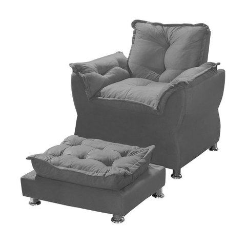 Poltrona de Decoração e Escritoria e Sala de Estar Opala Turna Cinza + Puff Descanso de Pes Cinza