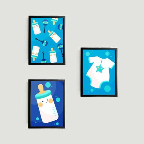 Kit 3 Quadros Infantis Mamadeiras Azuis 24x18cm - com vidro:Madeira preta