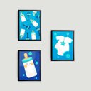 Ver imagem 1 de Kit 3 Quadros Infantis Mamadeiras Azuis 24x18cm - com vidro:Madeira preta