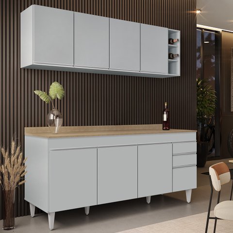 Armário de Cozinha Nevada e Balcão 180cm com Tampo Dallas Cinza Claro/castanho - Lumil