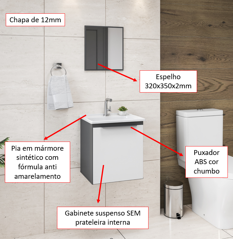 Conjunto Gabinete Armário Balcão Suspenso com Pia Branca e Quadro de Espelho Compacto para - 3