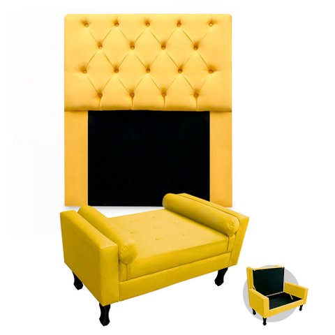 Kit Cabeceira Mirage + Calçadeira Baú Felix Solteiro 100cm Suede - Ecotec Decor:Amarelo