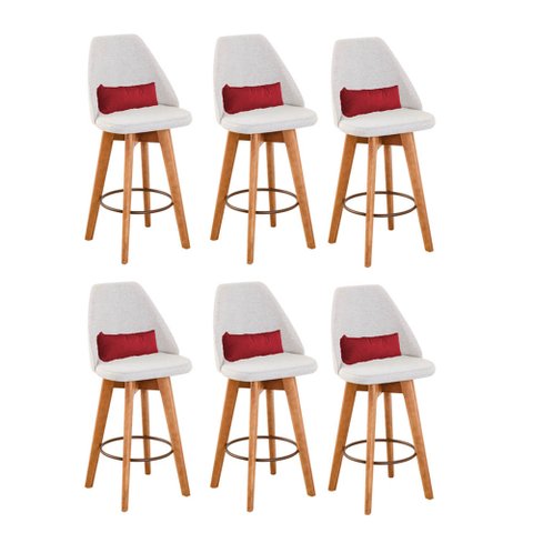 Kit 06 Banquetas Alta Maya Giratória Com Encosto Linho Bege Claro e Almofada Sintético Vermelho