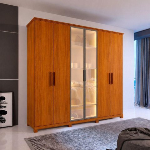 Guarda Roupa Casal Bugatti 6 Portas de Bater 4 Gavetas MDF com LED Amadeirado Bom Pastor Móveis