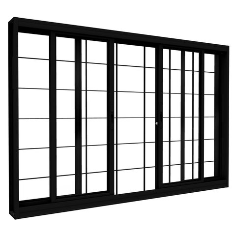 Janela de Aço de Correr Central 4 Folhas com Grade Quadrada e Fecho Embutido