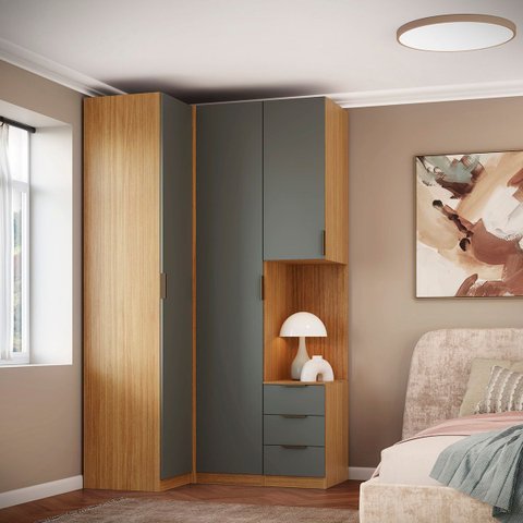 Guarda Roupa de Canto 2 Portas com Mesa de Cabeceira Altezza Clean:freijó/titânio