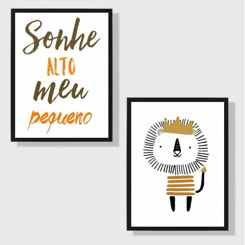 Kit 2 Quadros Infantil Leãozinho Sonhe Alto 33x24cm - com vidro:Madeira preta