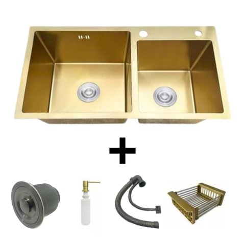 Cuba Dupla 78X43 Inox Dourado Quadrada Gourmet c/ Acessórios