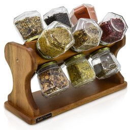 Porta Temperos Giratório em Madeira com 12 Potes de Vidro - 1