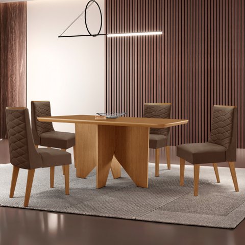 Mesa de Jantar Evora 120cm Mdf Canto Copo e 4 Cadeiras Safira