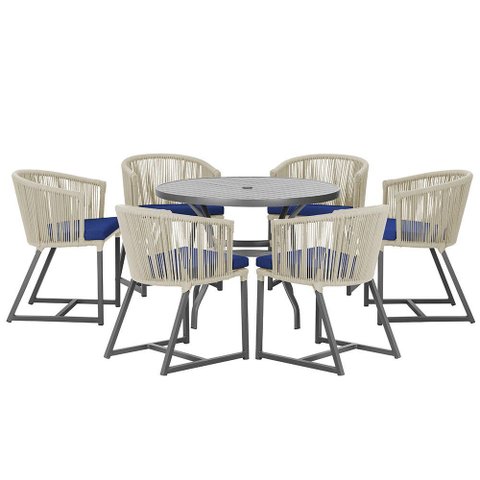 Mesa com 6 Cadeiras de Jantar Roma 120cm e Noronha em Alumínio Preto Corda Náutica Estofado 10 Trama