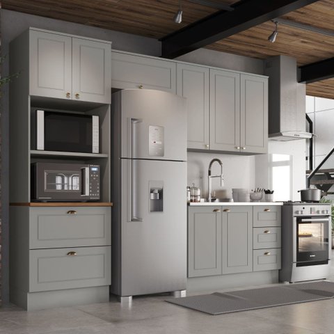 Cozinha Modulada 271,5cm com Torre Quente P/ 2 Fornos 8 Portas 5 Gavetas Americana Henn - Cinza