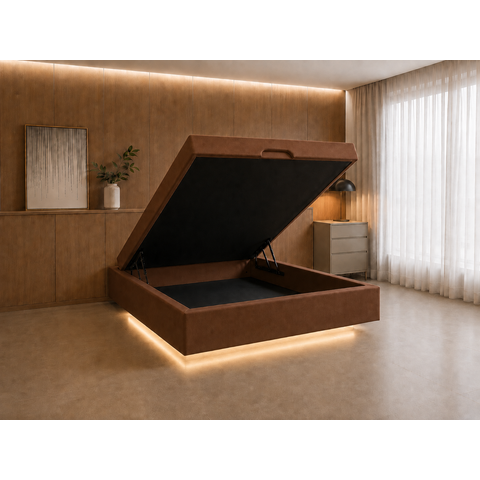 Cama Box Baú Casal Flutuante com LED, Encaixe para Colchão e Puxador Embutido:Marrom