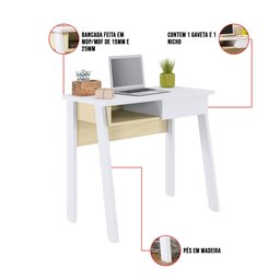 Mesa para Computador Escrivaninha 01 Gaveta Click 90 cm Branco Fosco e Tauari Nobre - D'Rossi - 5
