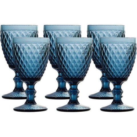 Jogo Conjunto de Taças de Vidro 6 Peças Bico de Abacaxi Lyor para Água e Suco 325ml Azul