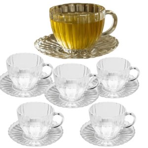 Conjunto de Xícaras para Chá Pétala com Pires em Vidro Transparente 200ml - 12 Peças