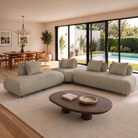 Sofá de Canto Modulado Orgânico com Almofadas e Base Madeira Maciça 280CMX340CM Madri