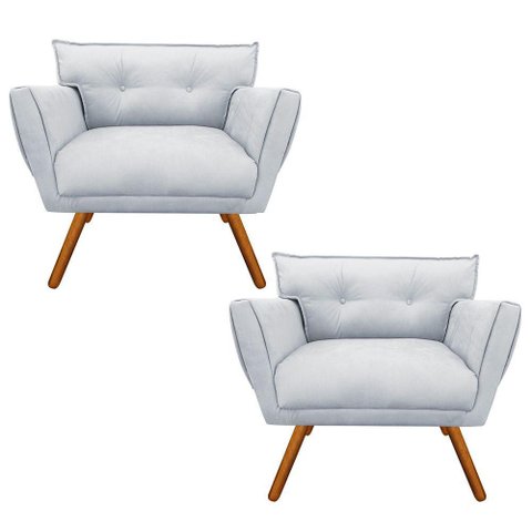 Kit 02 Poltronas Anitta Suede Cinza Pés Palito Castanho