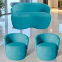 Ver imagem 1 de Kit Namoradeira + 2 Poltronas Decorativa Beatriz Orgânica Suede Azul Turquesa