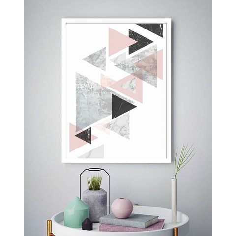 Quadro Decorativo Abstrato Triângulos Preto Rosê - 70x50cm:moldura Preta