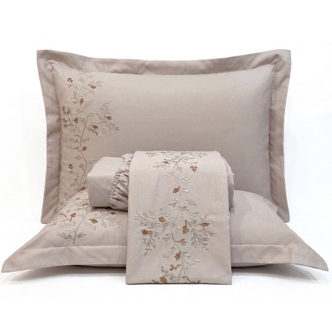 Jogo de Cama Lençol King Nuance Micropercal 300 Fios Fendi Bordado Floral 4 Peças