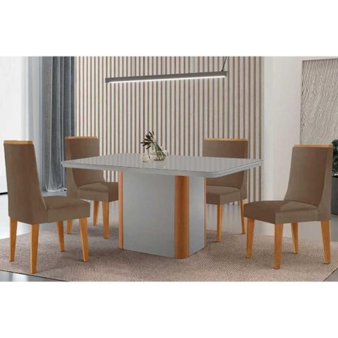 Conjunto: Mesa Sala Jantar Pietá c/ Tampo Madeirado c/ Vidro Canto Curvo 120x80cm e 4 Cadeiras