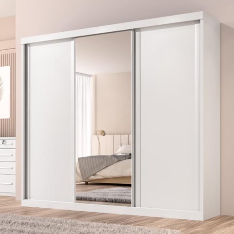 Guarda Roupa Casal Sevilha 3 Pts Correr 6 Gav C/ Porta Espelho Inteiro Moldura Alumínio Branco